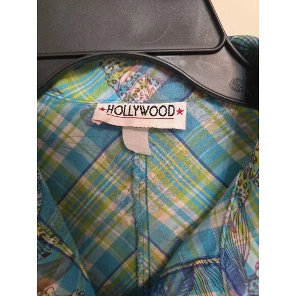 Hollywood Women’s Sheer Button Up Blouse Blue Green Floral Plaid Short Sleeve – - Picture 4 of 12